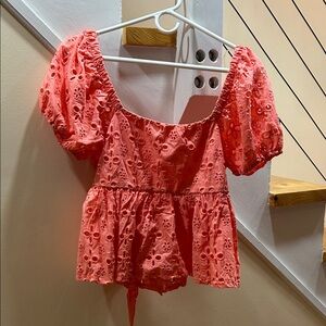 NWT Trixxi Coral Eyelet Blouse with Puff Sleeves